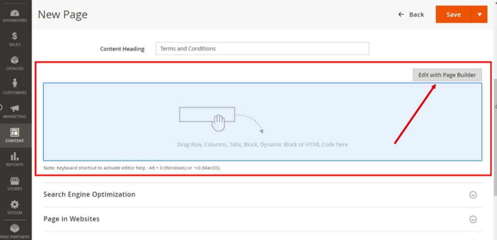 TermsFeed Magento 2 - Pages - Add New Page - Content - Terms and Conditions - Edit with Page Builder