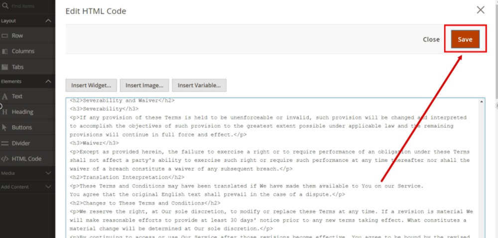 TermsFeed Magento 2 - Pages - Add New Page - Content - Terms and Conditions - Page Builder - HTML code element - Pasted - Save