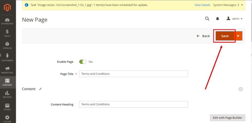 TermsFeed Magento 2 - Pages - Add New Page - Content - Terms and Conditions - Save