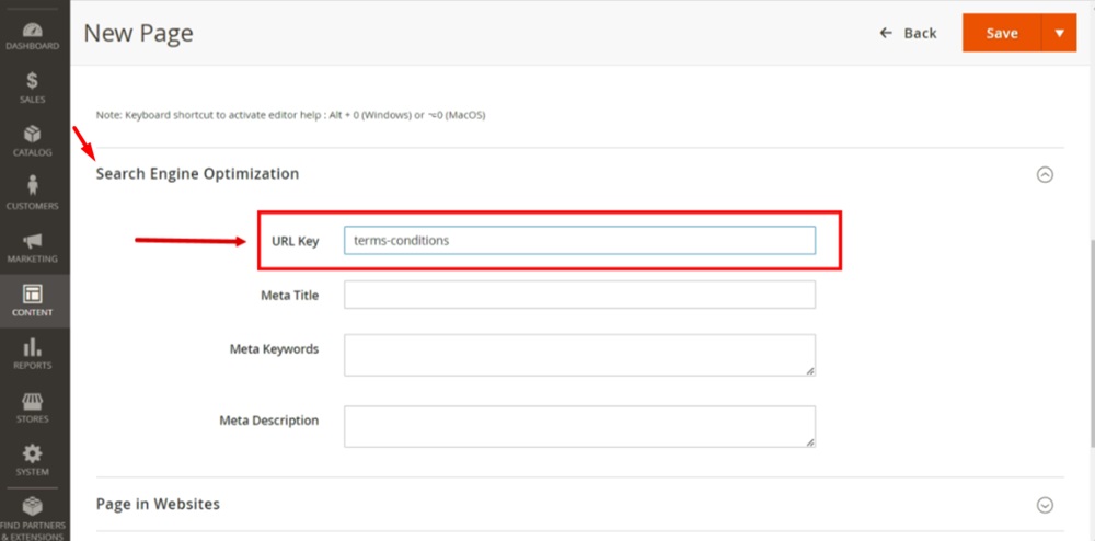 TermsFeed Magento 2 - Pages - Add New Page - Content - Terms and Conditions - Search Engine Optimization - Add URL Key