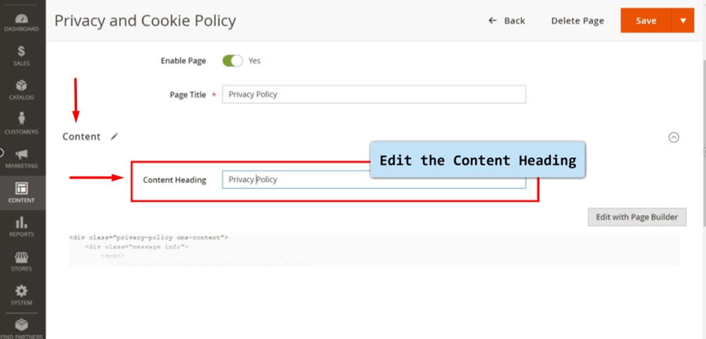 TermsFeed Magento 2 - Pages - Privacy and Cookie Policy - Edit Content Heading