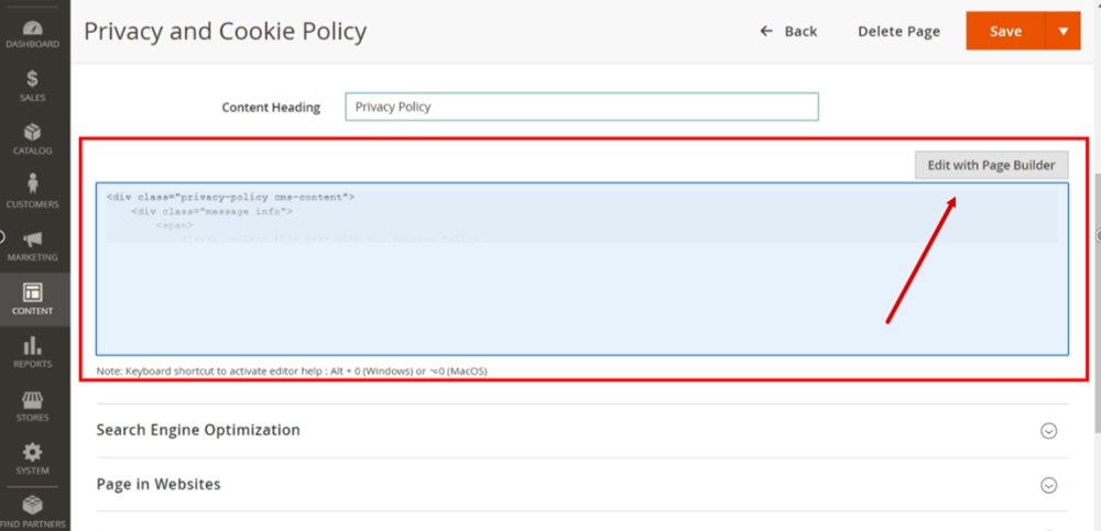 TermsFeed Magento 2 - Pages - Privacy and Cookie Policy - Edit Content text - Edit with Page Builder button
