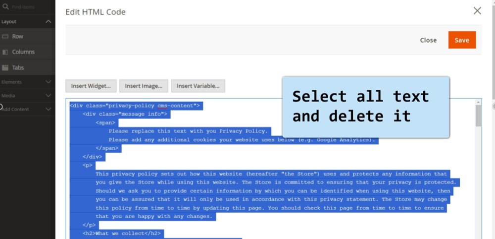 TermsFeed Magento 2 - Pages - Privacy and Cookie Policy - Edit HTML Code - Select all text and delete it