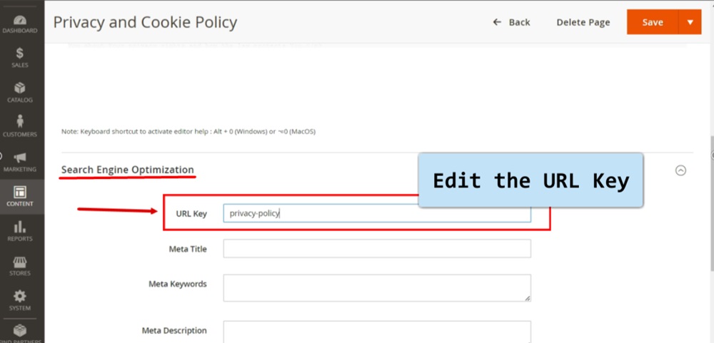 TermsFeed Magento 2 - Pages - Privacy and Cookie Policy - Edit Search Engine Optimization - URL Key
