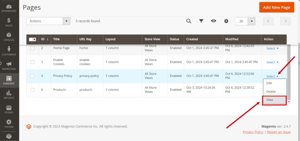 TermsFeed Magento 2 - Pages - Privacy Policy page - Actions select View