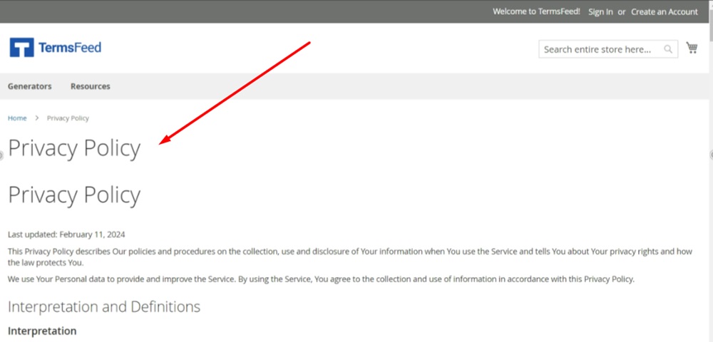 TermsFeed Magento 2 - Website - Privacy Policy page - Displayed