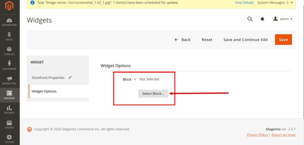 TermsFeed Magento 2 - Widgets - Add Widget - Options - Select Block