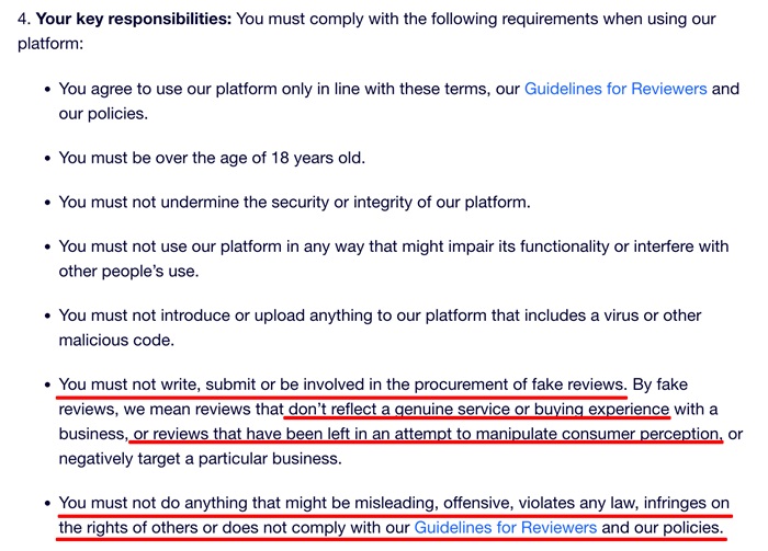 TrustPilot Terms of Use Responsibilities clause