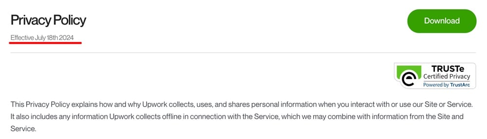 Upwork Privacy Policy with effective date highlighted - July 2024