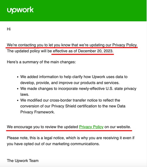 Upwork Privacy Policy update email